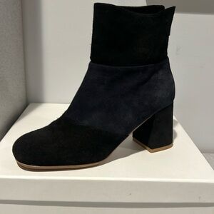 See by Chloe Black & Navy Suede ColorBlock Block Heel Bootie.  37.5